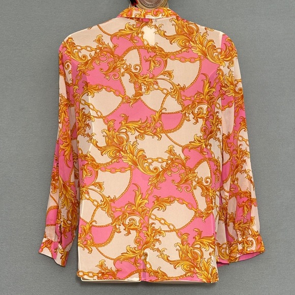 Fresh of LA Womens Top 2X Pink Gold Scroll Chain Print Sheer Feminine Retro 90s - Picture 4 of 8